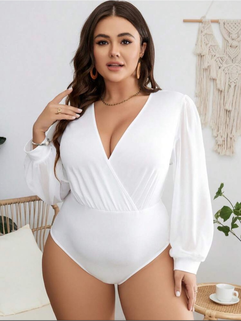 SHEIN White V Neck Surplice Long Sheer Sleeve Bodysuit Top Sz 2XL